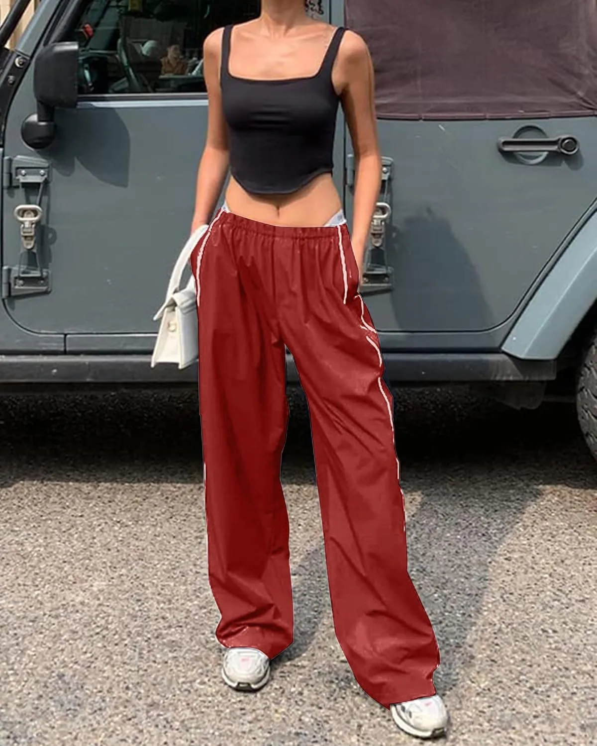 Women Y2K Baggy Track Pants Elastic Waist Wide Leg Parachute Jogger Sweatpants