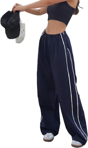 Women Y2K Baggy Track Pants Elastic Waist Wide Leg Parachute Jogger Sweatpants