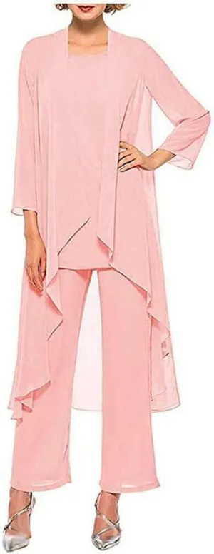 Women's Chiffon Pants Suits 3 Pieces Mother of The Bride Wedding Party Outfit Evening Dress