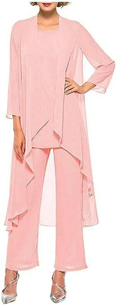 Women's Chiffon Pants Suits 3 Pieces Mother of The Bride Wedding Party Outfit Evening Dress