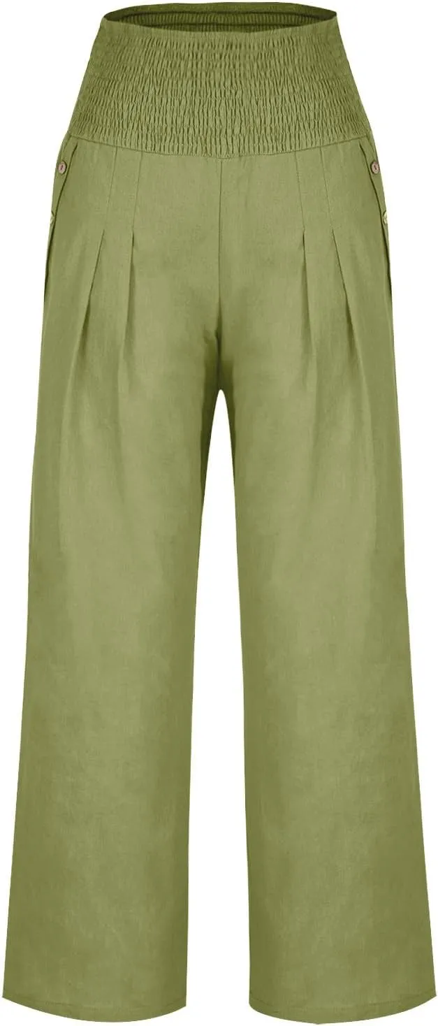Women's Linen Summer Palazzo Pants Flowy High Waisted Wide Leg Beach Pants Casual Loose Fit Pocketed Paperbag Trouser