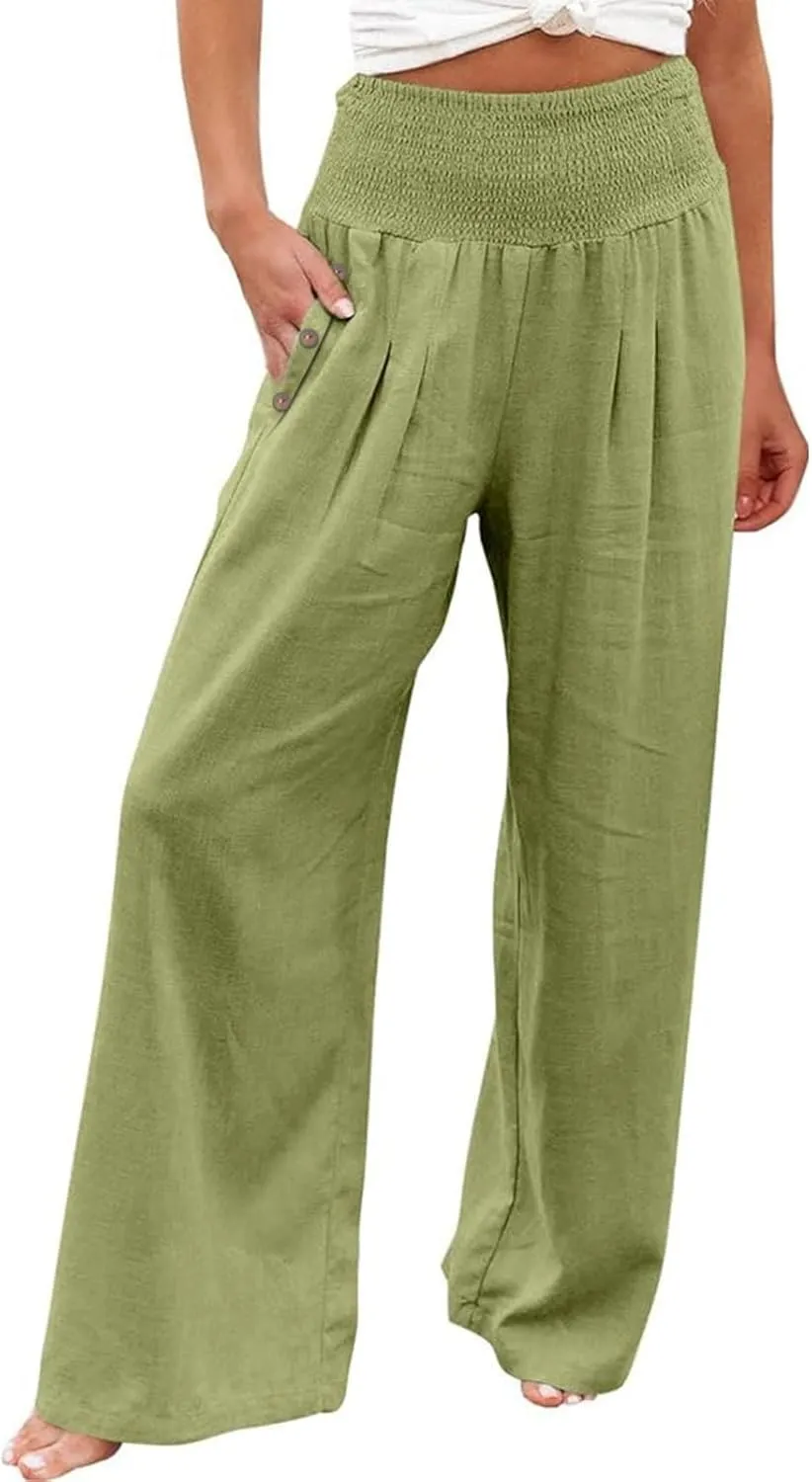 Women's Linen Summer Palazzo Pants Flowy High Waisted Wide Leg Beach Pants Casual Loose Fit Pocketed Paperbag Trouser