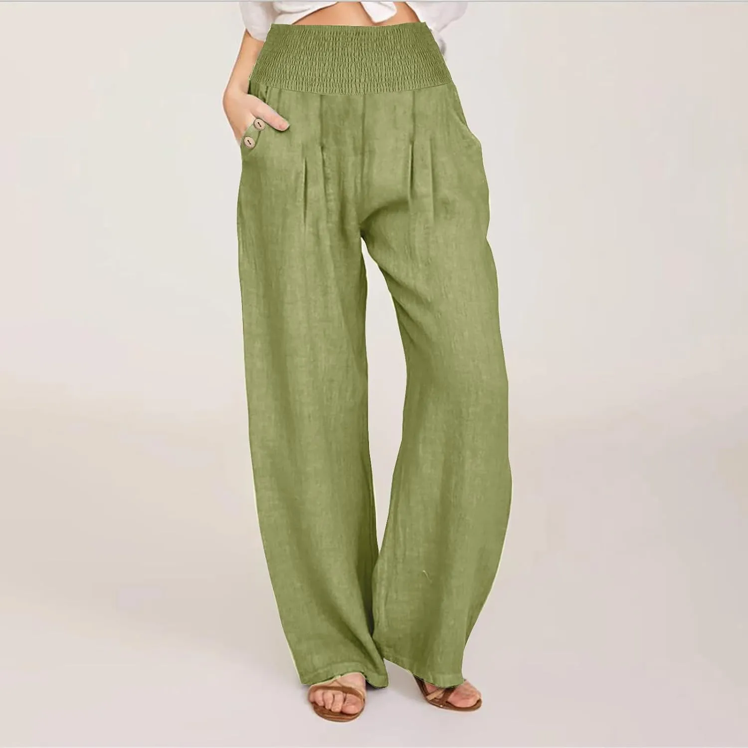 Women's Linen Summer Palazzo Pants Flowy High Waisted Wide Leg Beach Pants Casual Loose Fit Pocketed Paperbag Trouser