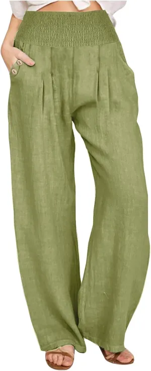 Women's Linen Summer Palazzo Pants Flowy High Waisted Wide Leg Beach Pants Casual Loose Fit Pocketed Paperbag Trouser