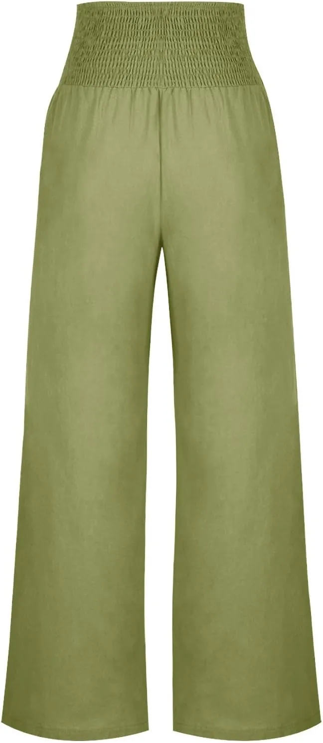 Women's Linen Summer Palazzo Pants Flowy High Waisted Wide Leg Beach Pants Casual Loose Fit Pocketed Paperbag Trouser