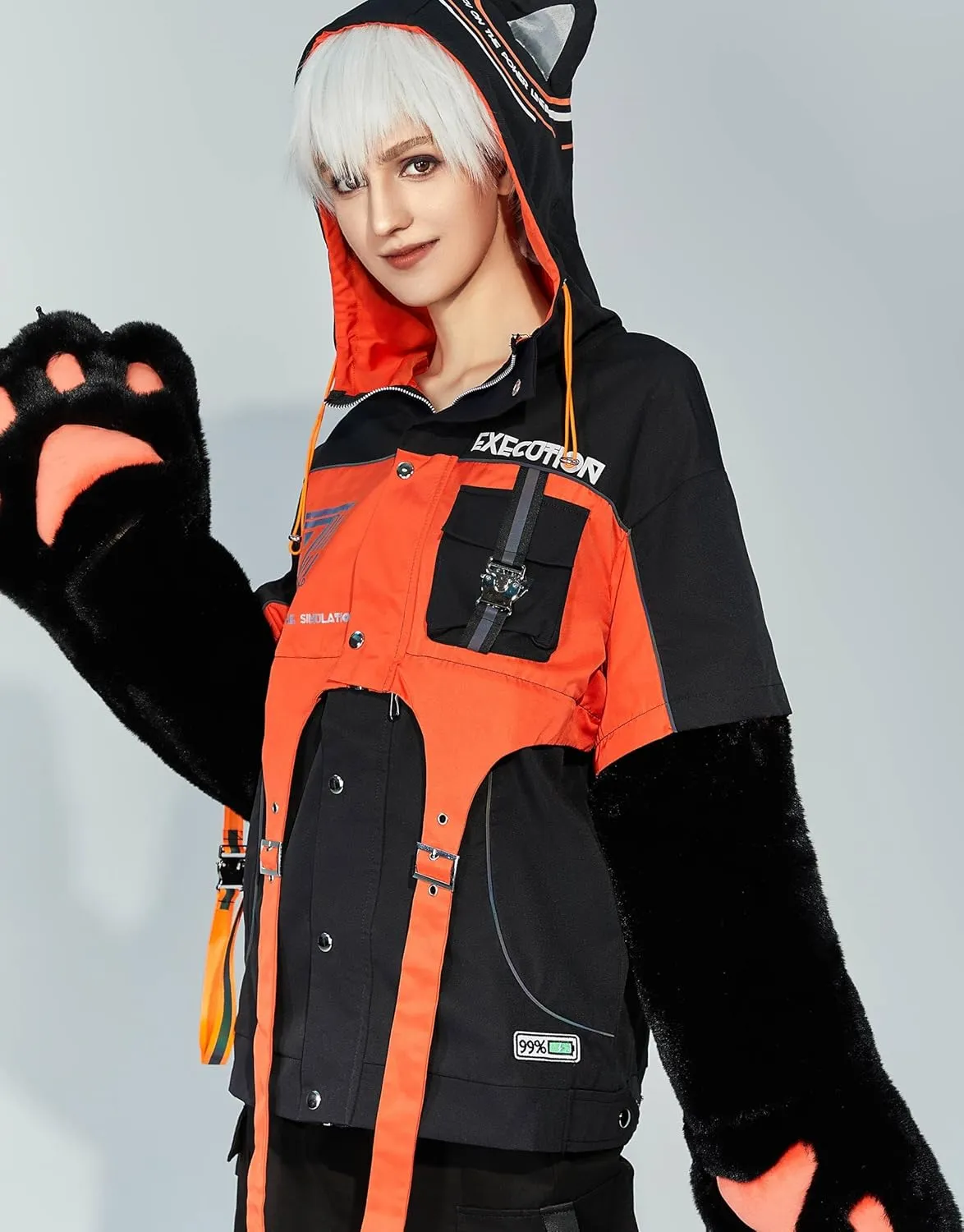 Women's Motorcycle Jacket Detachable Skirt Set with Furry Cat Paw Bags Hooded Crop Top Skirt Set