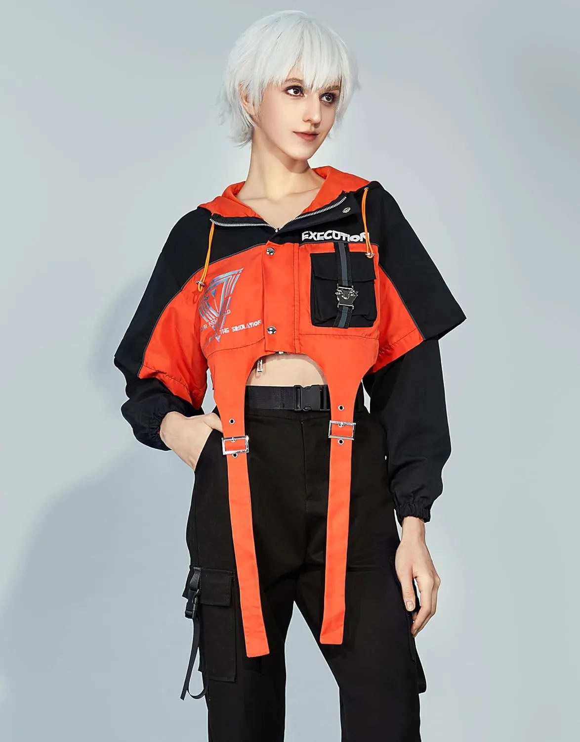 Women's Motorcycle Jacket Detachable Skirt Set with Furry Cat Paw Bags Hooded Crop Top Skirt Set
