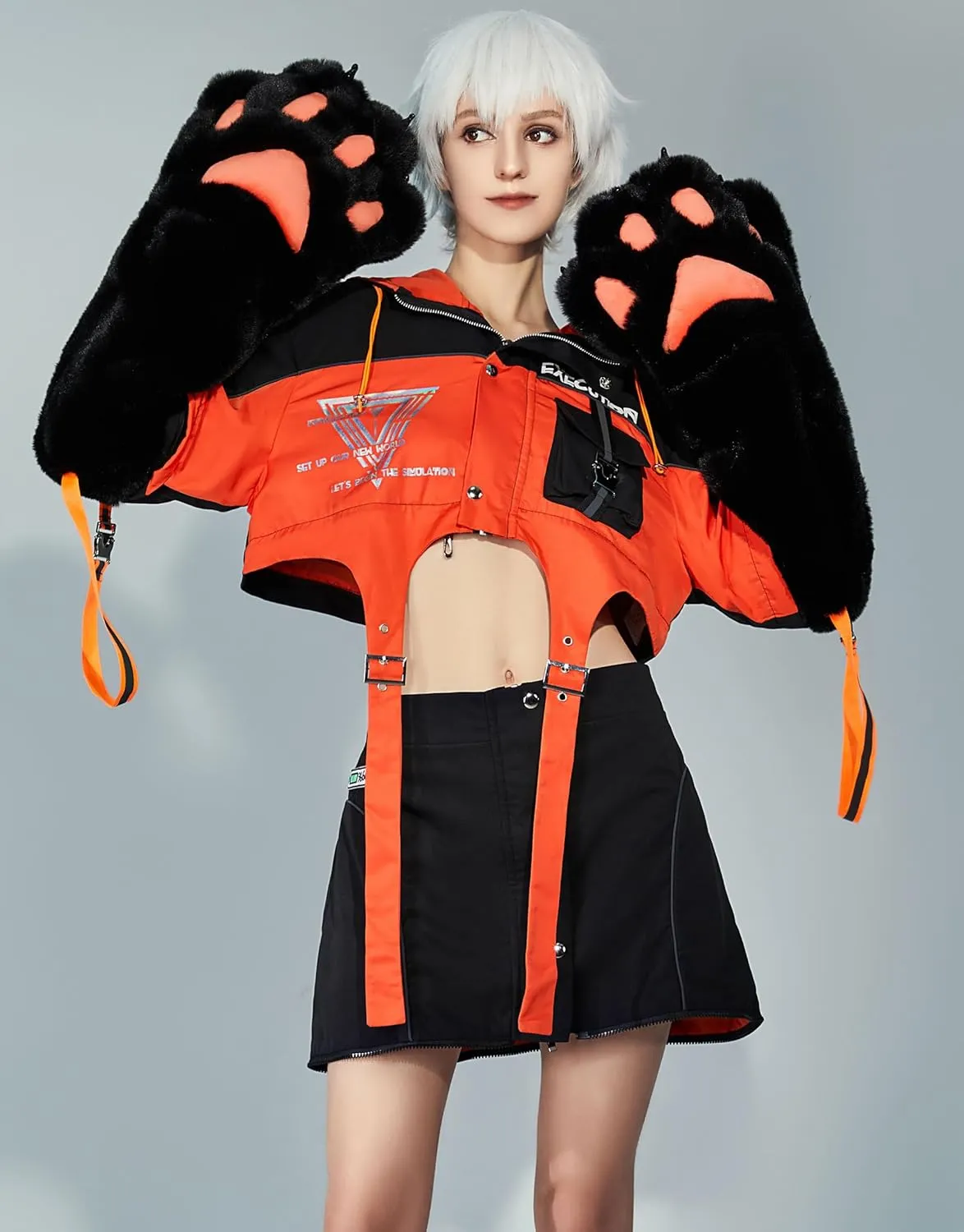 Women's Motorcycle Jacket Detachable Skirt Set with Furry Cat Paw Bags Hooded Crop Top Skirt Set