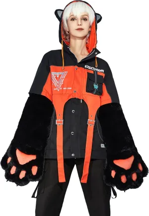 Women's Motorcycle Jacket Detachable Skirt Set with Furry Cat Paw Bags Hooded Crop Top Skirt Set