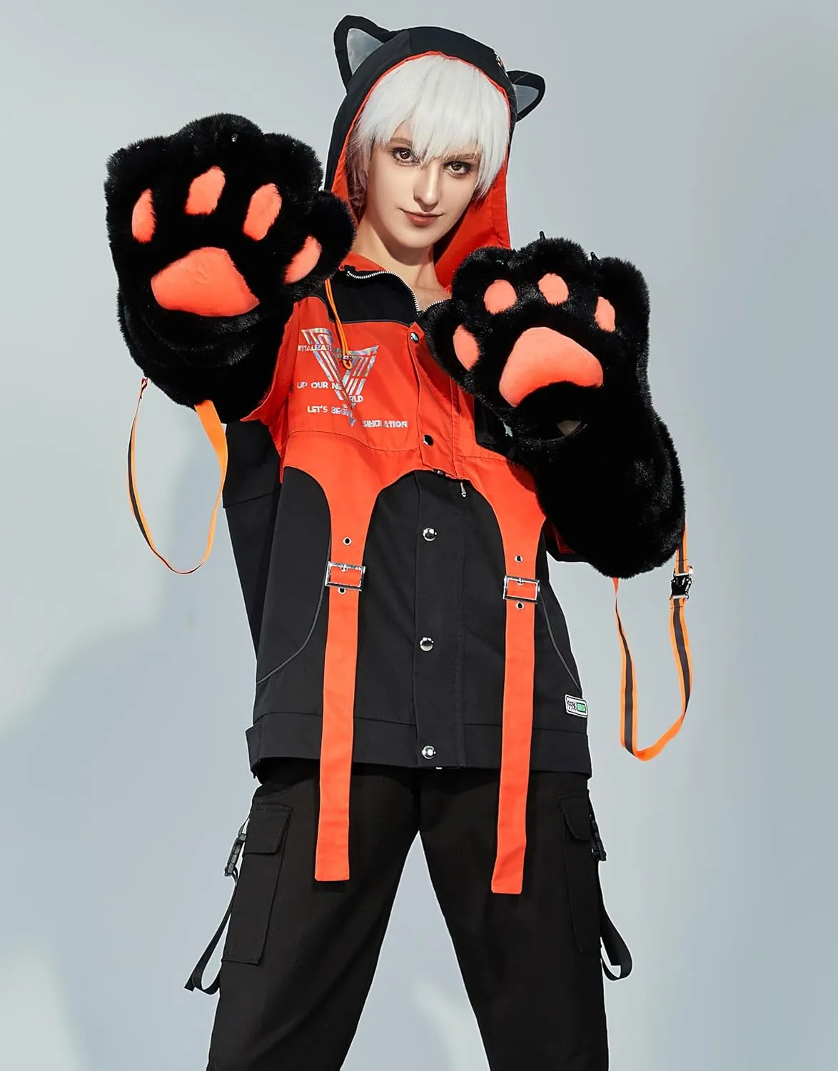 Women's Motorcycle Jacket Detachable Skirt Set with Furry Cat Paw Bags Hooded Crop Top Skirt Set