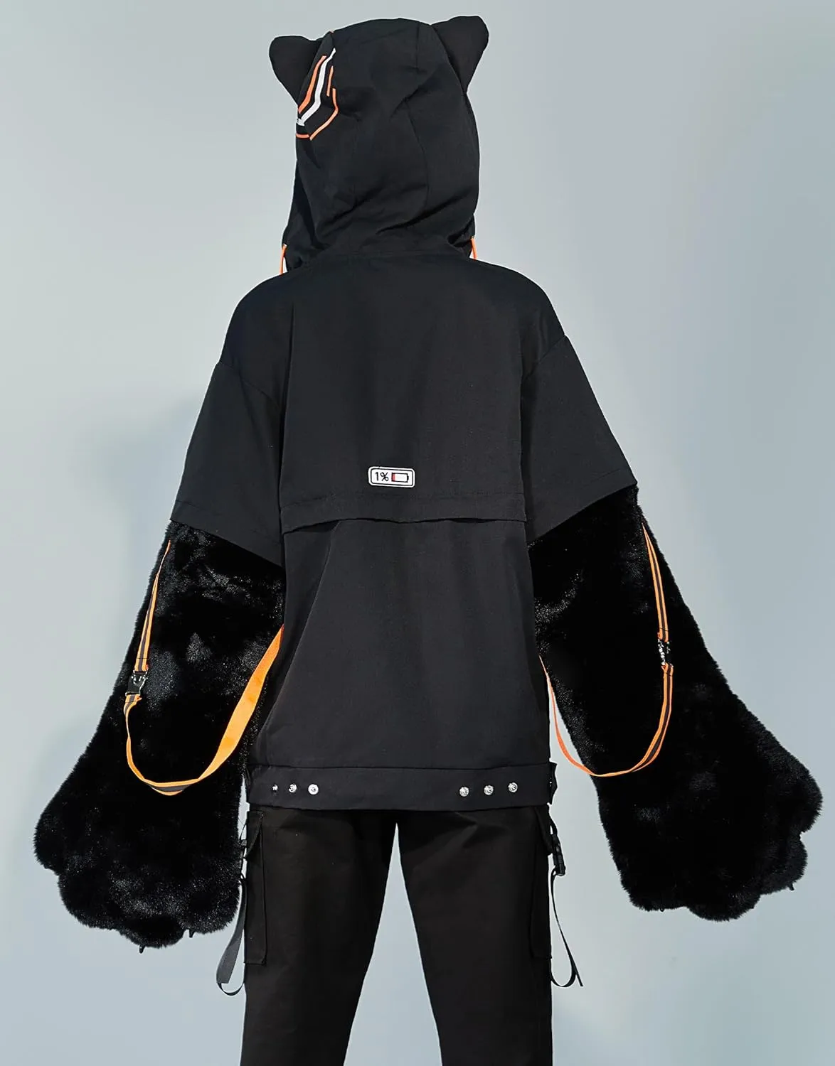 Women's Motorcycle Jacket Detachable Skirt Set with Furry Cat Paw Bags Hooded Crop Top Skirt Set