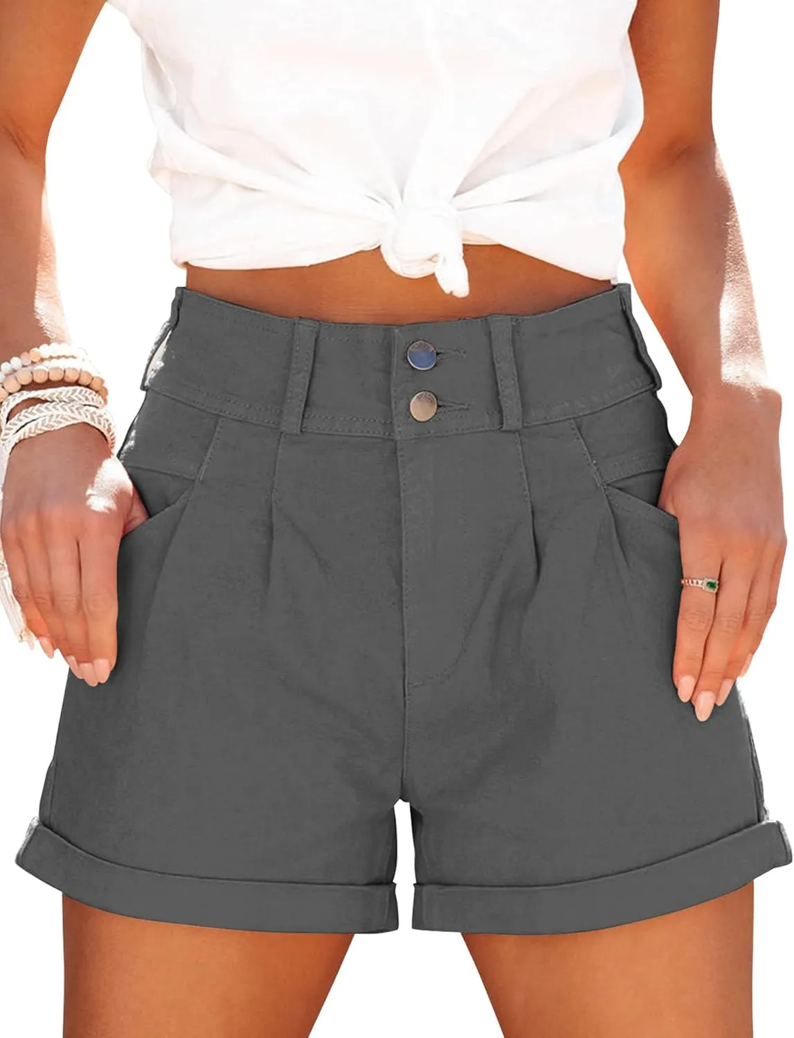 Womens Relaxed Fit Casual High Waist Pocketed Denim Shorts