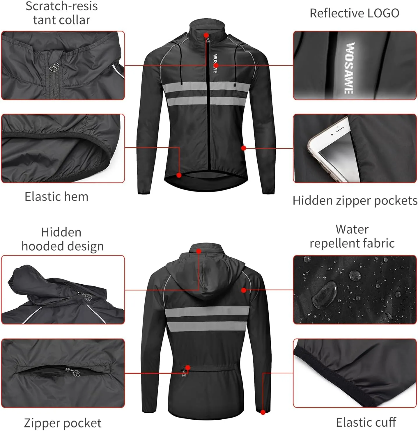 WOSAWE Packable Cycling Jacket Hooded Running Coat Lightweight Biking Windbreaker