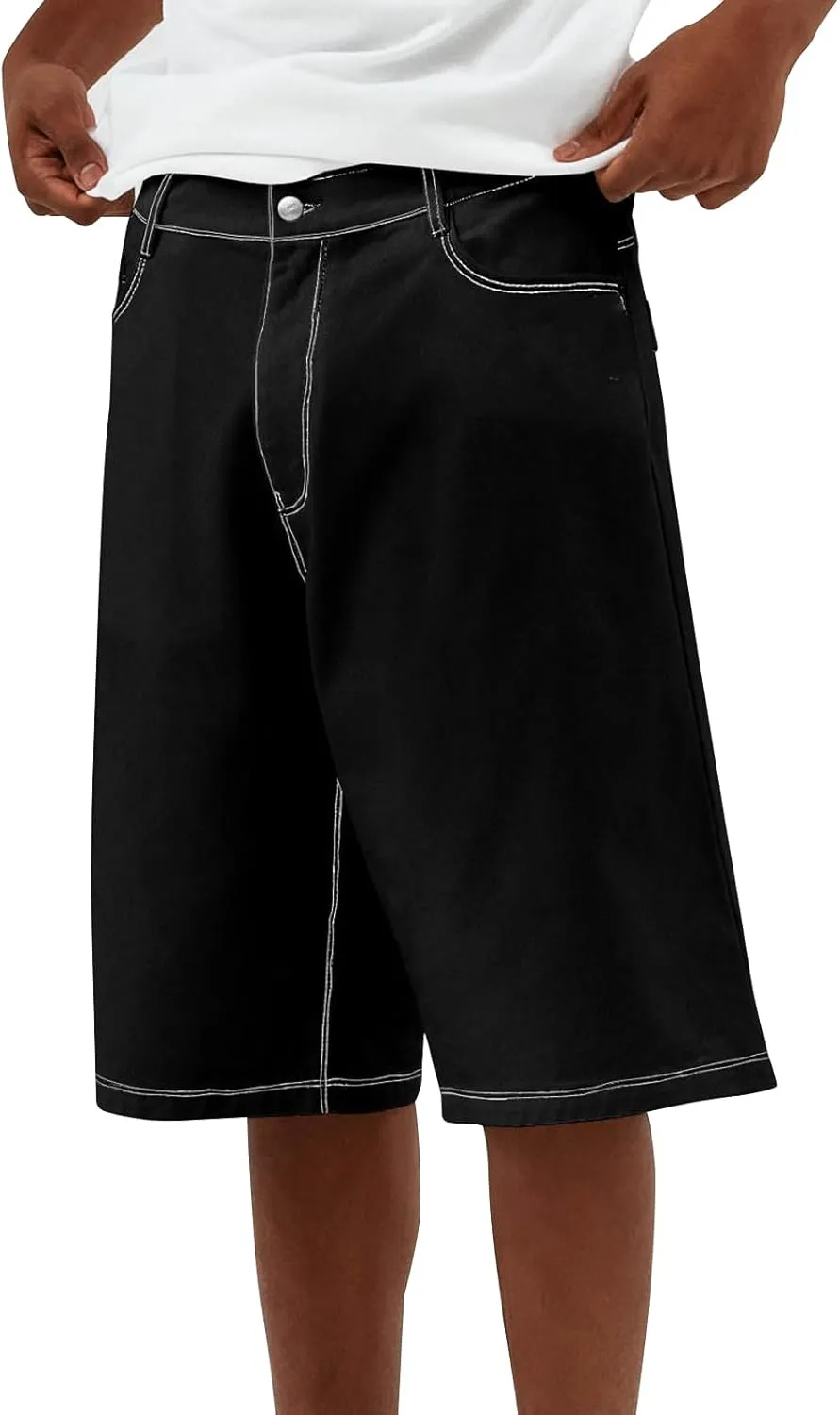 XBTCLXEBCO Mens Baggy Jean Shorts Relaxed Fit Wide Leg Denim Bermuda Shorts Casual Hip Hop Long Denim Shorts Streetwear