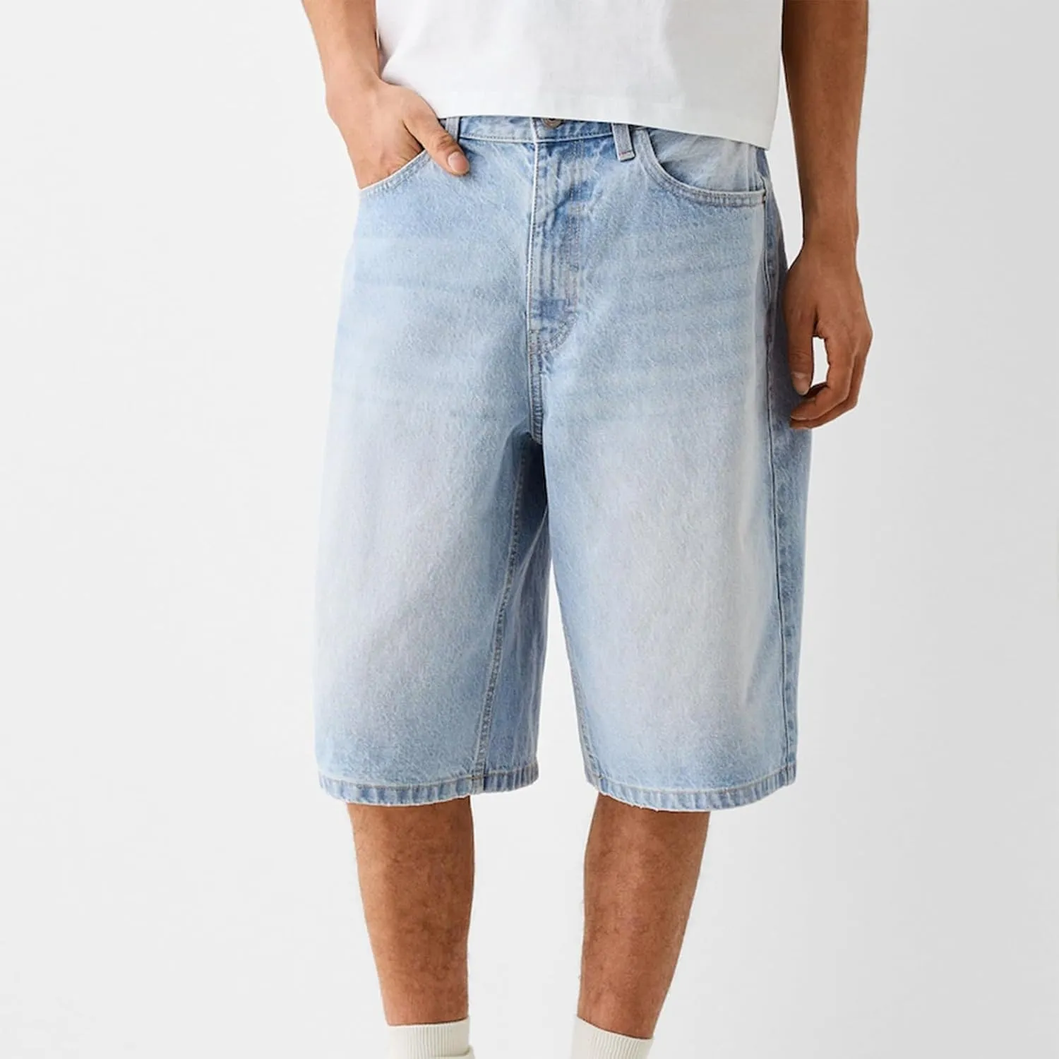 XBTCLXEBCO Mens Baggy Jean Shorts Relaxed Fit Wide Leg Denim Bermuda Shorts Casual Hip Hop Long Denim Shorts Streetwear