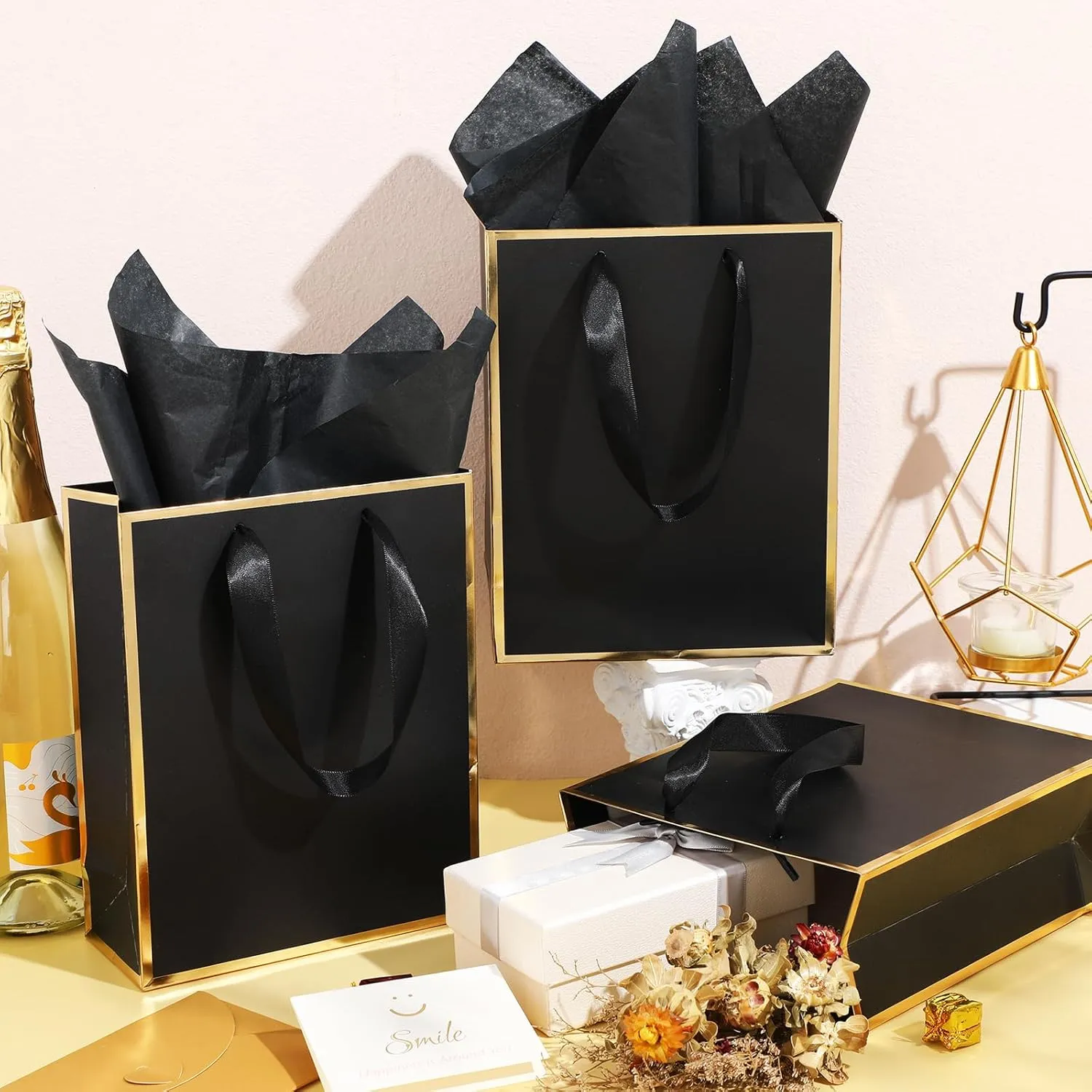 Yeaqee 50 Pack Metallic Gift Bags with Handle and Tissue Paper for Wedding Graduation Holiday Bridesmaid Thank You 5 Senses Gift Bag for Her Him Birthday 9 x 7 x 3.15''(Black and Gold)