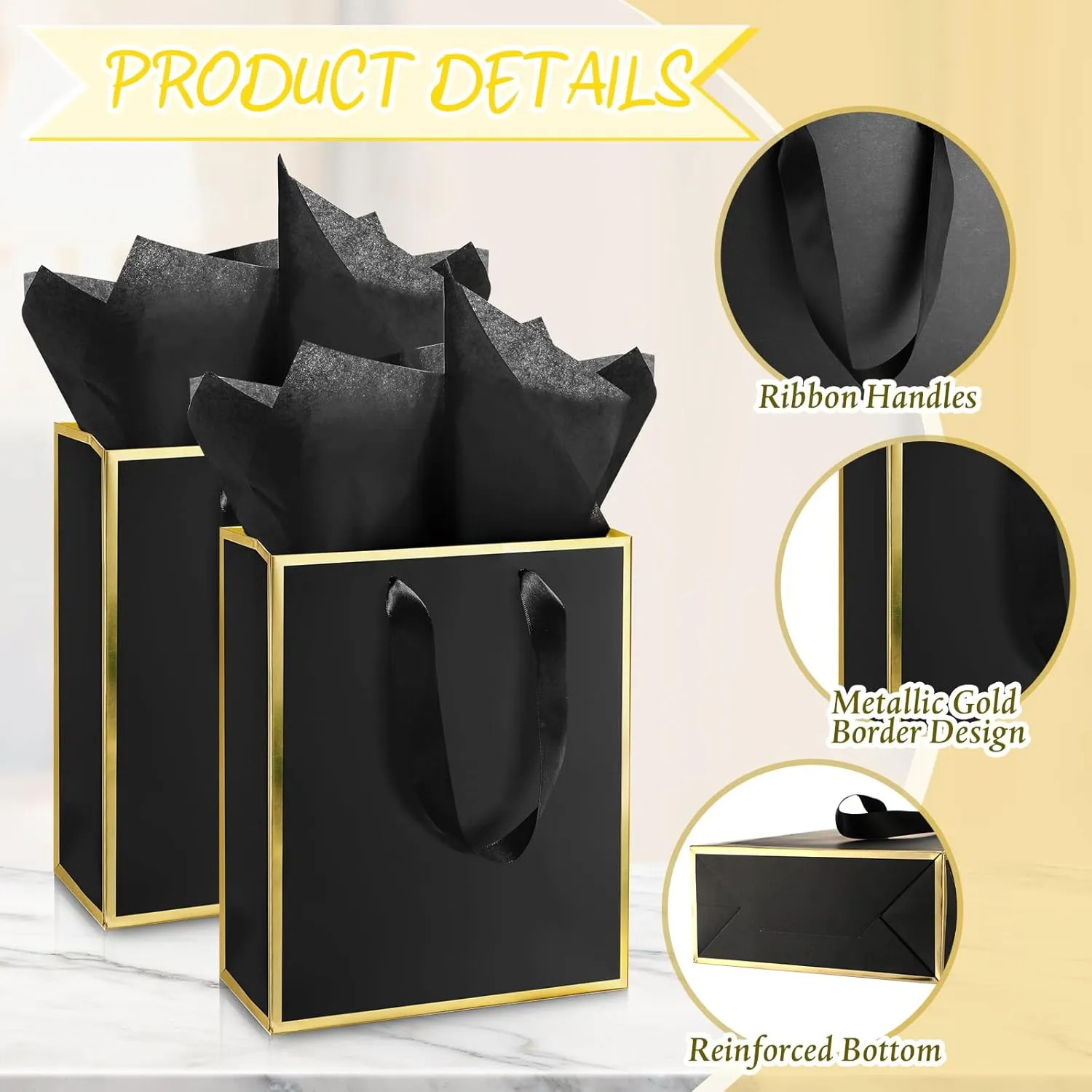 Yeaqee 50 Pack Metallic Gift Bags with Handle and Tissue Paper for Wedding Graduation Holiday Bridesmaid Thank You 5 Senses Gift Bag for Her Him Birthday 9 x 7 x 3.15''(Black and Gold)