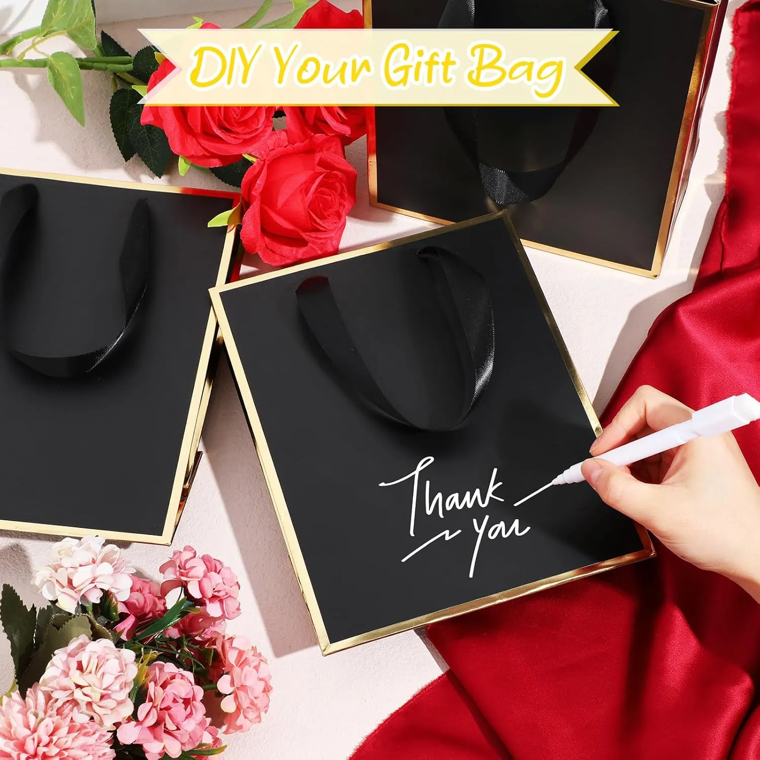Yeaqee 50 Pack Metallic Gift Bags with Handle and Tissue Paper for Wedding Graduation Holiday Bridesmaid Thank You 5 Senses Gift Bag for Her Him Birthday 9 x 7 x 3.15''(Black and Gold)