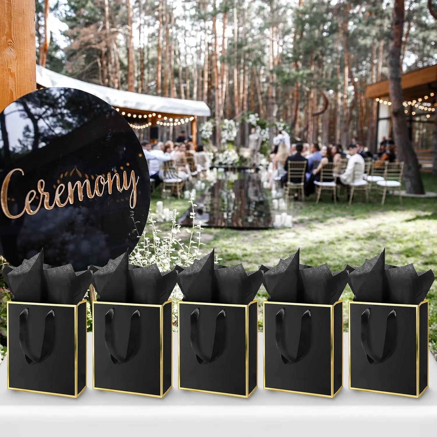 Yeaqee 50 Pack Metallic Gift Bags with Handle and Tissue Paper for Wedding Graduation Holiday Bridesmaid Thank You 5 Senses Gift Bag for Her Him Birthday 9 x 7 x 3.15''(Black and Gold)