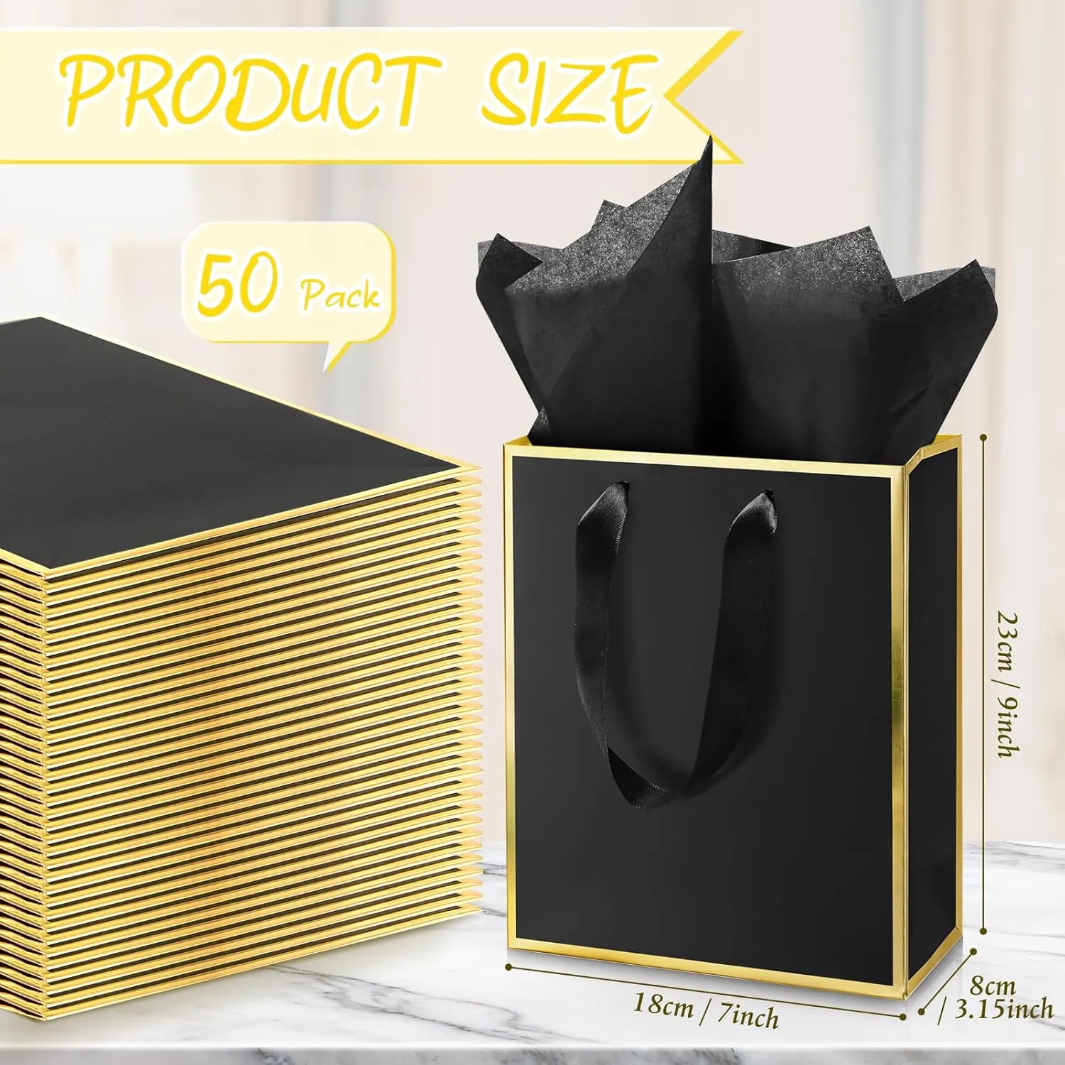 Yeaqee 50 Pack Metallic Gift Bags with Handle and Tissue Paper for Wedding Graduation Holiday Bridesmaid Thank You 5 Senses Gift Bag for Her Him Birthday 9 x 7 x 3.15''(Black and Gold)