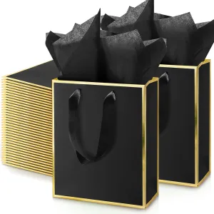 Yeaqee 50 Pack Metallic Gift Bags with Handle and Tissue Paper for Wedding Graduation Holiday Bridesmaid Thank You 5 Senses Gift Bag for Her Him Birthday 9 x 7 x 3.15''(Black and Gold)