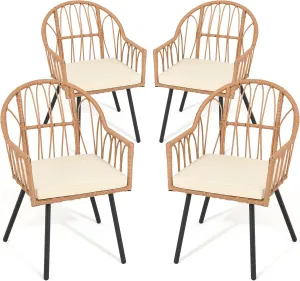 YITAHOME 4 Pieces Rattan Wicker Dinning Chairs, Outdoor Indoor Patio Furniture Set with Cushion and Curved Back All Weather Bistro Chair for Garden Backyard Porch Poolside Restaurant (Beige)