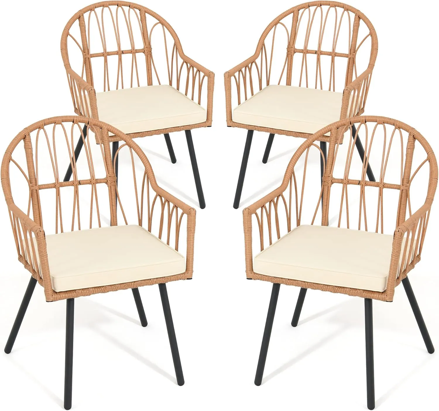 YITAHOME 4 Pieces Rattan Wicker Dinning Chairs, Outdoor Indoor Patio Furniture Set with Cushion and Curved Back All Weather Bistro Chair for Garden Backyard Porch Poolside Restaurant (Beige)