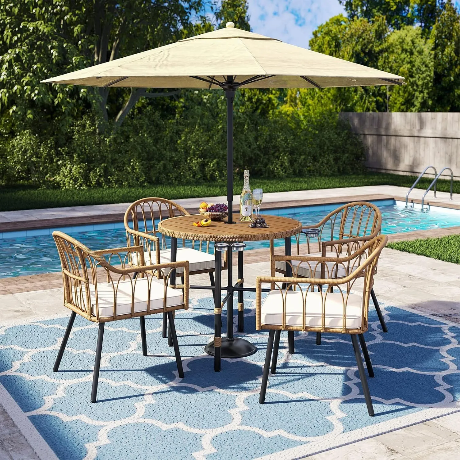 YITAHOME 4 Pieces Rattan Wicker Dinning Chairs, Outdoor Indoor Patio Furniture Set with Cushion and Curved Back All Weather Bistro Chair for Garden Backyard Porch Poolside Restaurant (Beige)