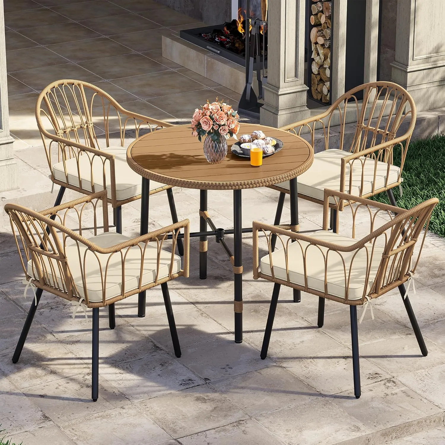YITAHOME 5 Pieces Outdoor Patio Dining Table Chair Set,Wicker Patio Dining Set,Outdoor Rattan Dining Table Set for Patio, Backyard, Balcony, Garden (with Umbrella Hole)