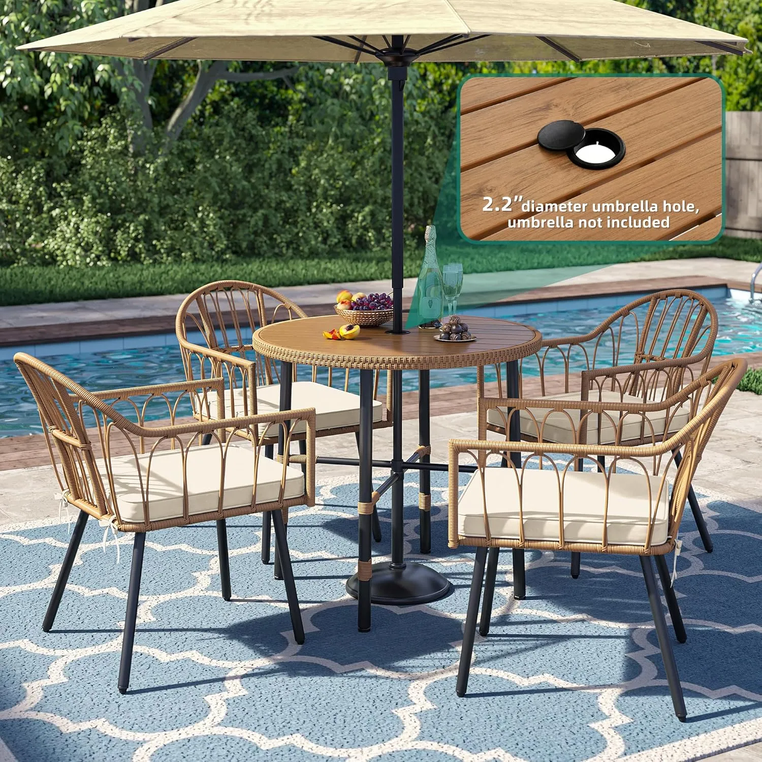 YITAHOME 5 Pieces Outdoor Patio Dining Table Chair Set,Wicker Patio Dining Set,Outdoor Rattan Dining Table Set for Patio, Backyard, Balcony, Garden (with Umbrella Hole)