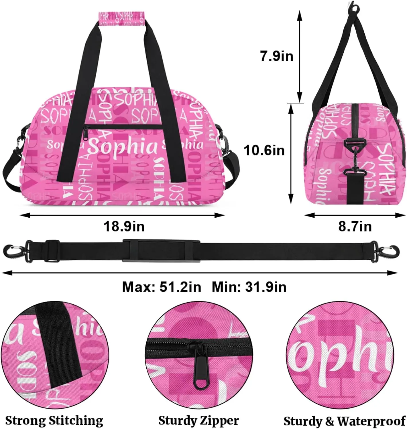 Yzrwebo Custom Name Gym Sport Bag, Personalized Duffel Travel Bag Customized Gymnastics Ballet Dance Bags Small Weekender Overnight Tote Bag for Gifts, Pink