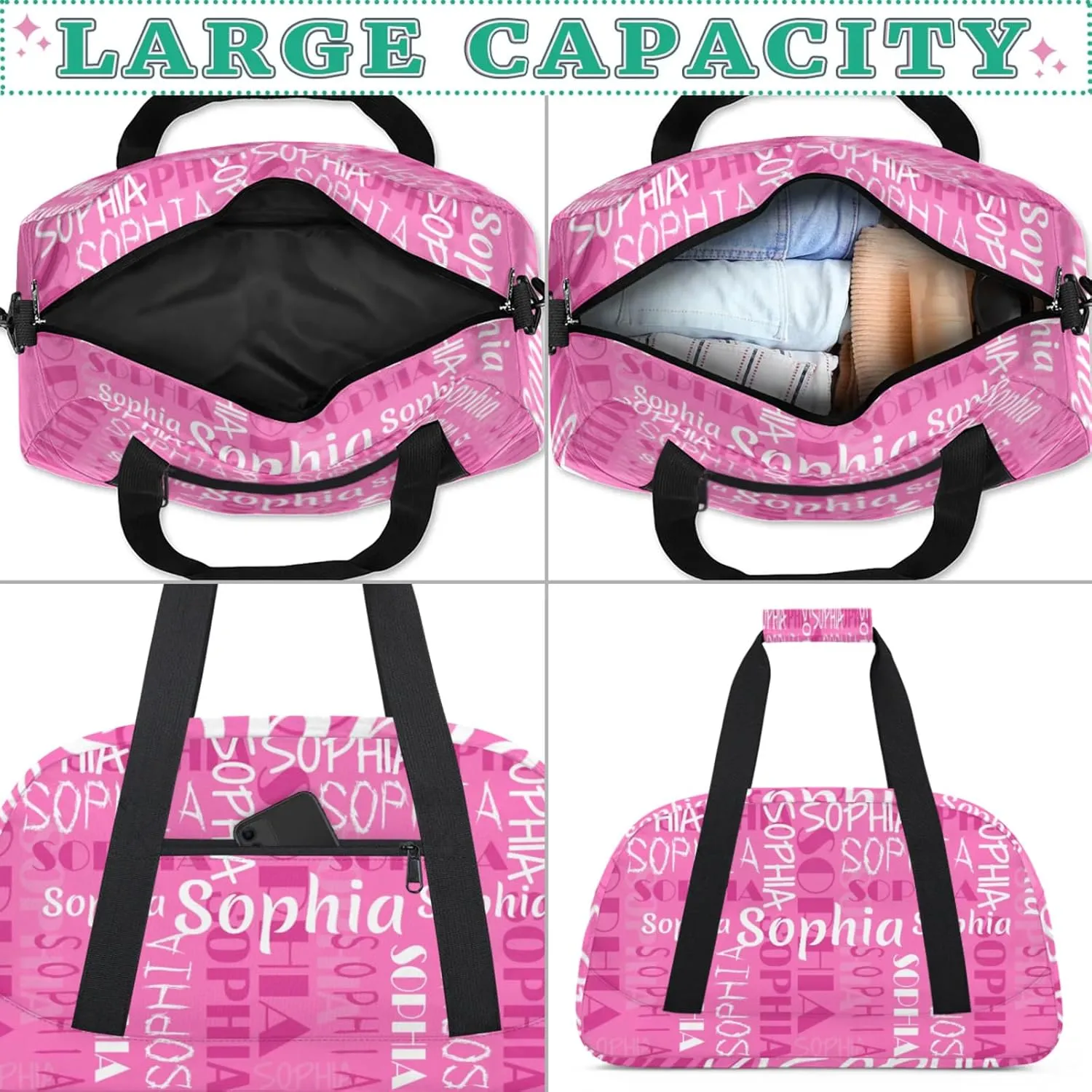 Yzrwebo Custom Name Gym Sport Bag, Personalized Duffel Travel Bag Customized Gymnastics Ballet Dance Bags Small Weekender Overnight Tote Bag for Gifts, Pink