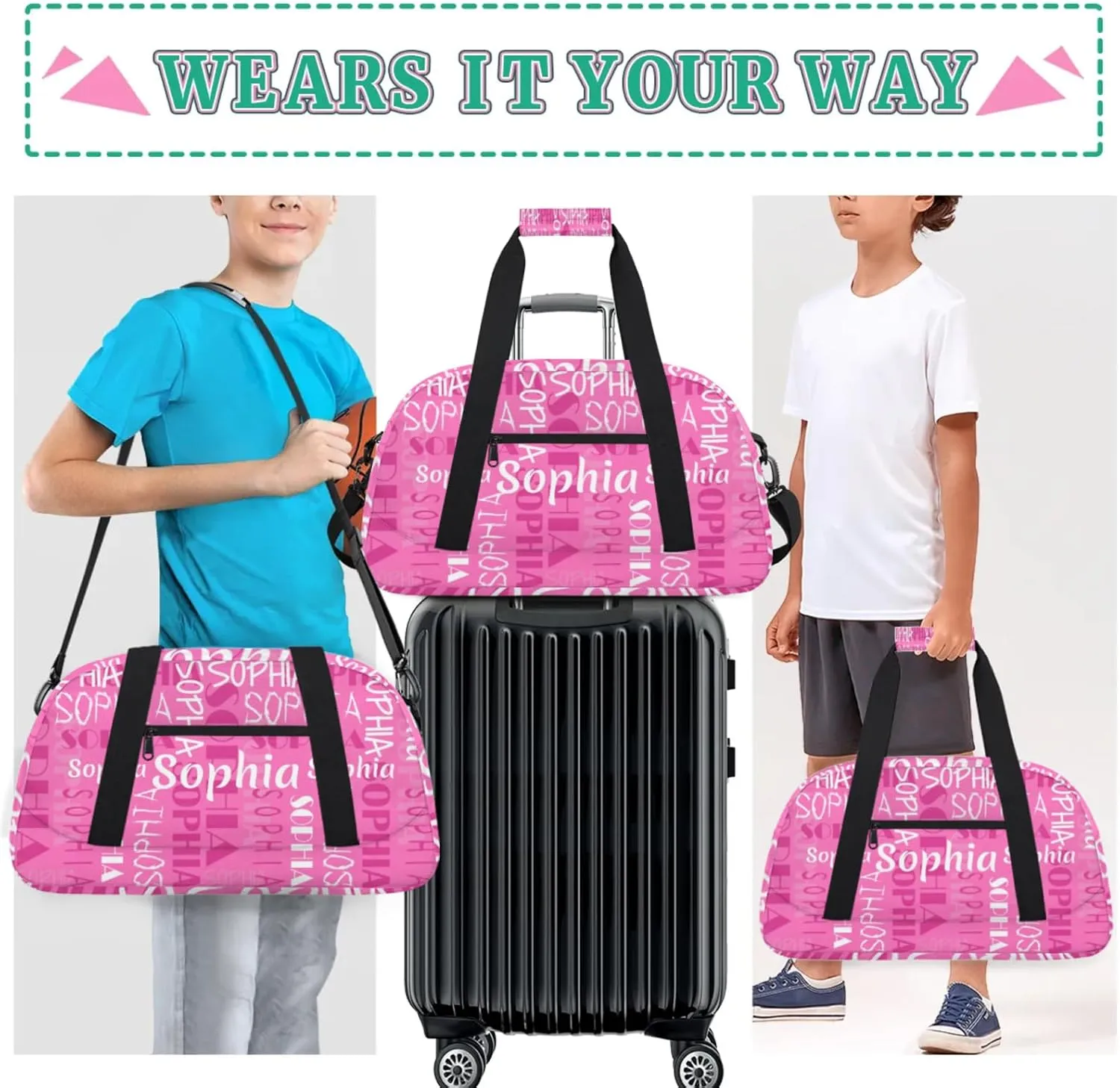 Yzrwebo Custom Name Gym Sport Bag, Personalized Duffel Travel Bag Customized Gymnastics Ballet Dance Bags Small Weekender Overnight Tote Bag for Gifts, Pink