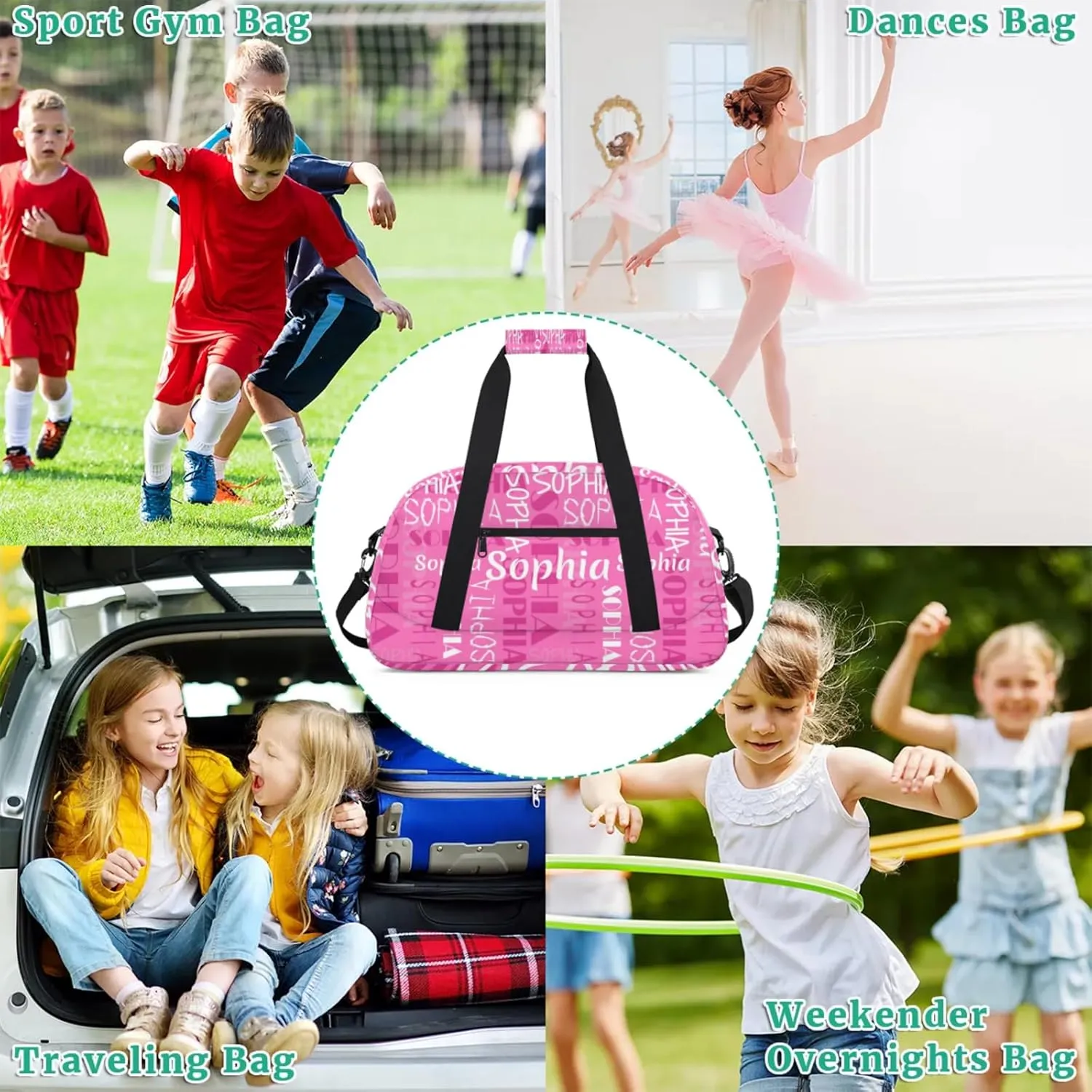 Yzrwebo Custom Name Gym Sport Bag, Personalized Duffel Travel Bag Customized Gymnastics Ballet Dance Bags Small Weekender Overnight Tote Bag for Gifts, Pink