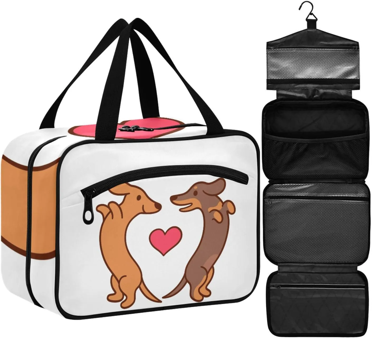 ZZKKO Toiletry Bags for Traveling Women Dachshunds in Love Toiletry Bag with Hanging Hook Makeup Bag Travel Cosmetic Bag Travel Organizer for Accessories Toiletries Large